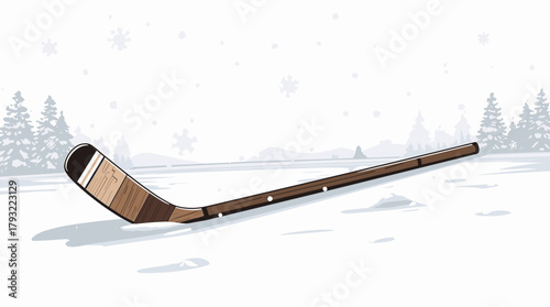 Classic wooden hockey stick on frozen snowy field hockey stick in snow