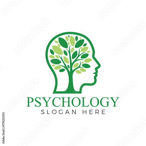 Psychology logo with tree in head brain tree logo design mental health, mind and awareness vector concept psychologist logo