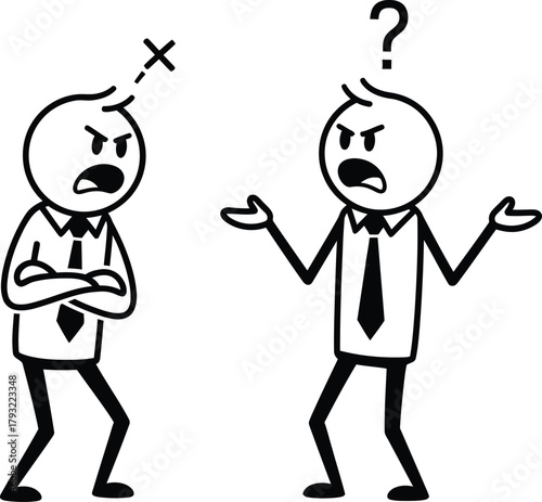 Two cartoon stick figures in business attire arguing with angry expressions and gestures representing conflict and disagreement