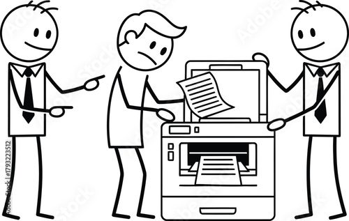 Three cartoon businessmen struggling with a malfunctioning office copier machine causing frustration and confusion among colleagues