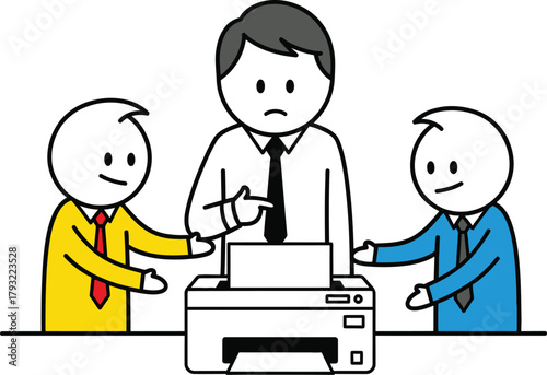 Frustrated businessman struggling with a malfunctioning office printer while colleagues offer unhelpful advice and solutions