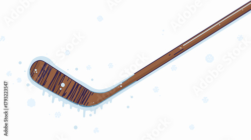 Frozen hockey stick covered with frost in snowfall hockey stick in snow