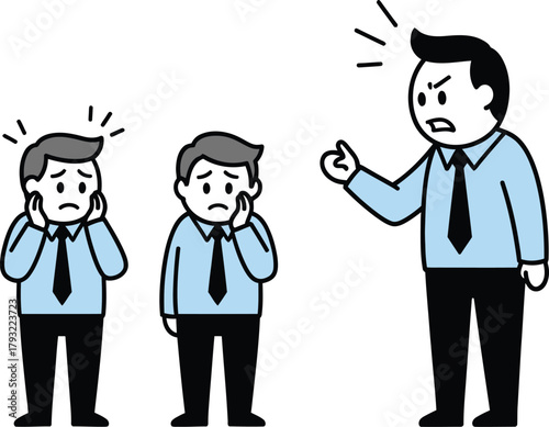 Angry boss yelling at scared employees who cover their ears in a cartoon style illustration