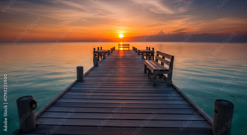 Obraz premium Wooden Pier Extending into Calm Ocean at Vibrant Sunset