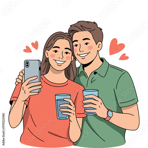 A happy couple takes a selfie while holding drinks and surrounded by hearts.