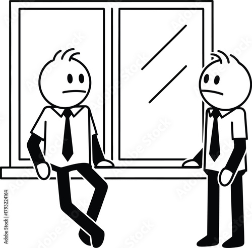 Two cartoon businessmen in shirts and ties standing near a large window appearing thoughtful and perhaps concerned