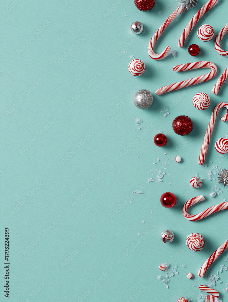 Fototapeta premium A blue background with a bunch of candy canes and other decorations