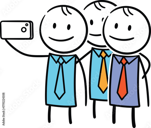 Three smiling stick figure friends in business attire taking a selfie together with a smartphone on a white background