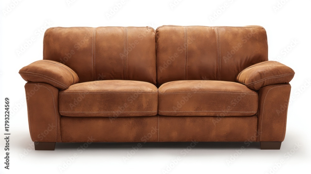 Fototapeta premium This cozy brown leather couch offers ample seating for two, making it ideal for living rooms or family areas. The soft texture adds warmth and comfort to any space.