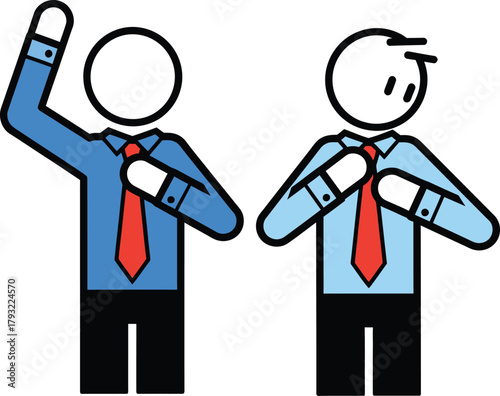 Two cartoon businessmen in suits and ties one raising hand in question or greeting the other with hands clasped