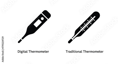 Two thermometer icons digital and traditional side by side for comparison