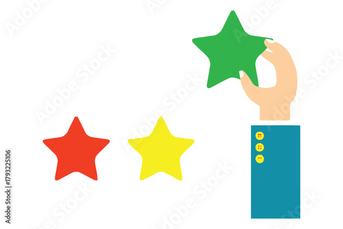 A hand places a green star, completing a rating of three stars.