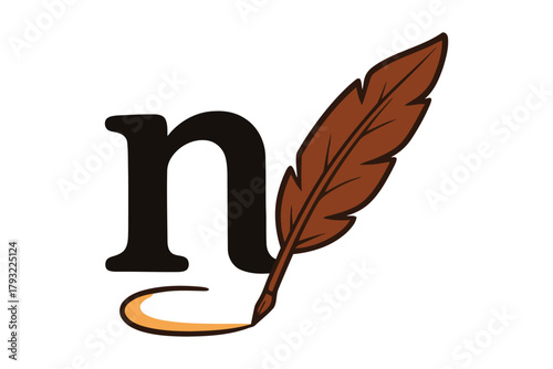 A feather quill pen writes the letter 'n' with a stroke of ink.