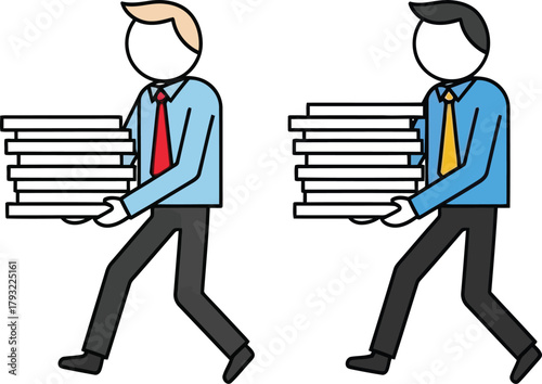 Two cartoon businessmen walking side by side carrying large stacks of documents and papers representing workload and office tasks