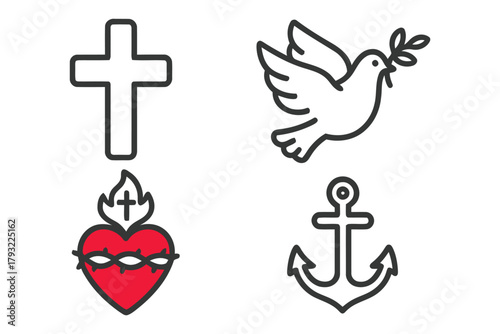 Four religious symbols: cross, dove, Sacred Heart, and anchor.