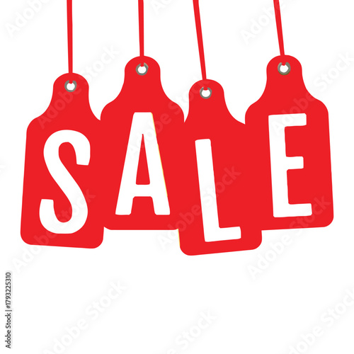 Four red sale tags hang on red strings, advertising a discount event.