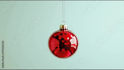 Christmas ornament rotating, red mirrored disco ball on light green background, festive decoration concept	
