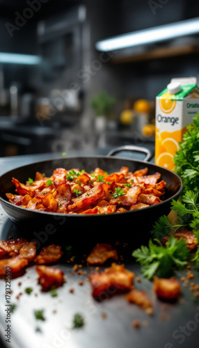 Wallpaper Mural Crispy bacon bits with parsley in a pan served with orange juice in a kitchen setting. Torontodigital.ca