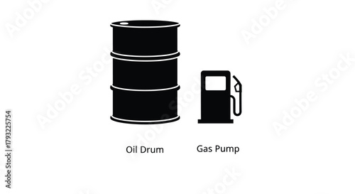 Simple depiction of an oil drum and a gas pump in black and white