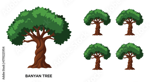 A collection of cartoon banyan trees with dense green leaves and brown trunks