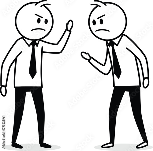 Two cartoon stick figures in business attire arguing and gesturing aggressively with angry expressions on white background