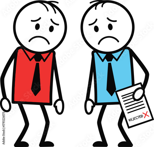 Two sad stick figure businessmen in formal attire looking downcast with one holding a document representing disappointment or bad news