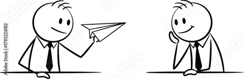 Cartoon stick figures in business attire sending and receiving a paper airplane symbolizing communication and ideas exchange