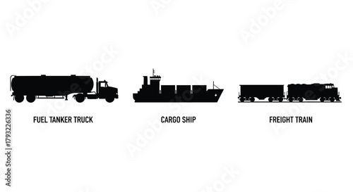 Silhouette illustrations of a fuel tanker cargo ship and freight train