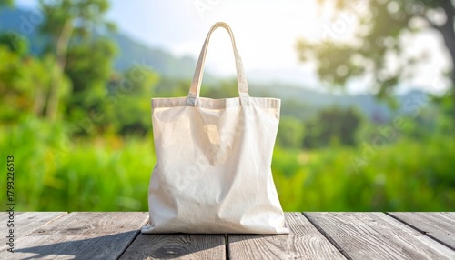 White eco bag on wooden table near window