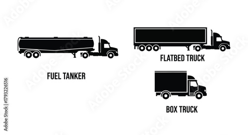 Simple black silhouettes of a fuel tanker flatbed and box truck vehicles