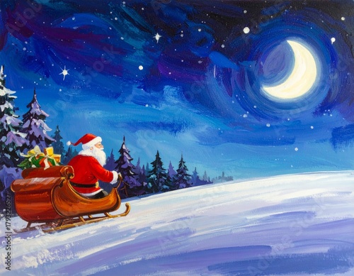 Painting of Santa sleigh flying across snowy night sky