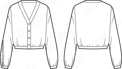 Fashion flat sketch of women’s button-up cardigan sweater front and back view vector illustration for apparel design and garment production