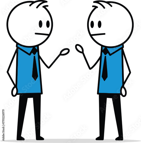 Two simple stick figures in blue shirts and black pants engaged in a conversation or discussion on a white background