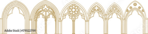 Gothic architecture arches, medieval cathedral design, ornate stone tracery, historical architectural elements, church archway art, vintage architecture pattern, detailed illustration