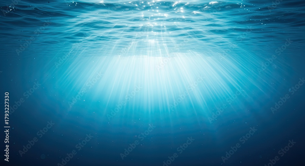 Fototapeta premium Ethereal Underwater Sunlight: Azure Depths with Radiant Beams and Rippling Surface