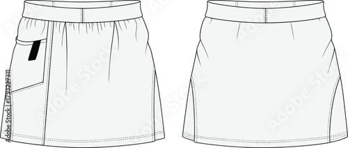 Women’s casual mini skirt fashion flat sketch front and back vector illustration for apparel design, garment template, and sewing pattern