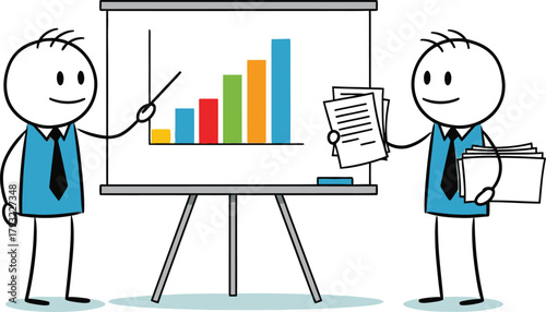 Two cartoon stick figures in business attire presenting a colorful bar graph on a whiteboard with data and charts