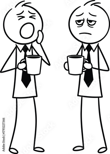 Two tired stick figure businessmen in suits holding coffee cups looking exhausted and yawning during a morning meeting or work day