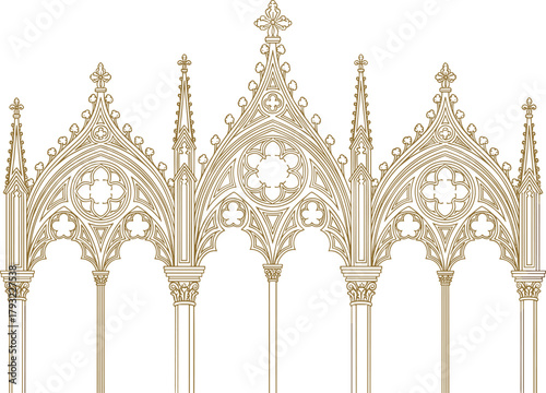 Gothic cathedral arch window illustration, detailed medieval architecture design, ornate church tracery pattern, vintage stone ornament, historical architectural art frame