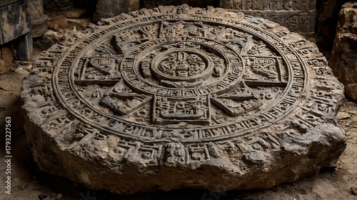 Photos An ancient stone calendar, possibly mayan or aztec, lies in ruins, its intricate