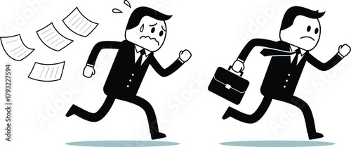 Two cartoon businessmen in suits running with urgency one dropping papers the other carrying a briefcase conveying stress and deadlines