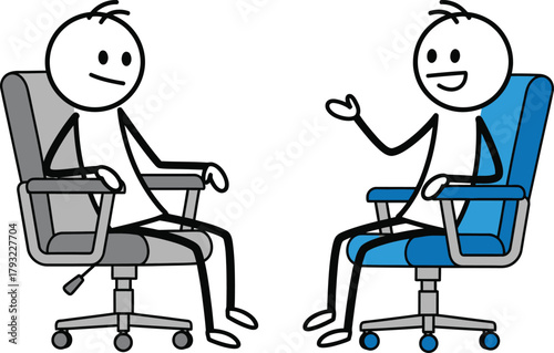 Two stick figures in office chairs engaged in a conversation or interview with one person actively speaking and gesturing