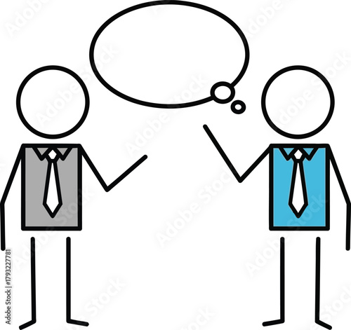 Two simple stick figures in business attire engaged in conversation with a blank speech bubble above them for text