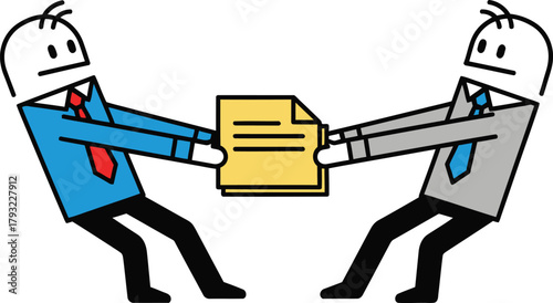 Two cartoon businessmen in a tug of war over a document symbolizing a dispute or disagreement over paperwork