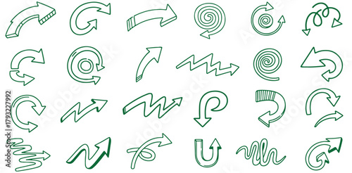 Green Arrow Icons, Collection Of Directional Swirl And U Turn Symbols For Eco Design Project Management And Navigation Applications

