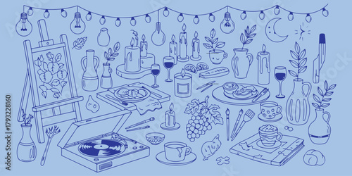 Blue Line Art Icons, Collection Of Kitchen And Art Symbols For Design Project Management And Lifestyle Applications

