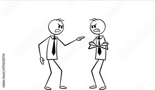 Two angry stick figure businessmen arguing and pointing fingers at each other in a heated dispute