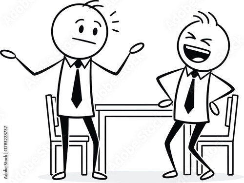 One businessman looks confused and frustrated while another businessman laughs heartily at a table in a simple line drawing