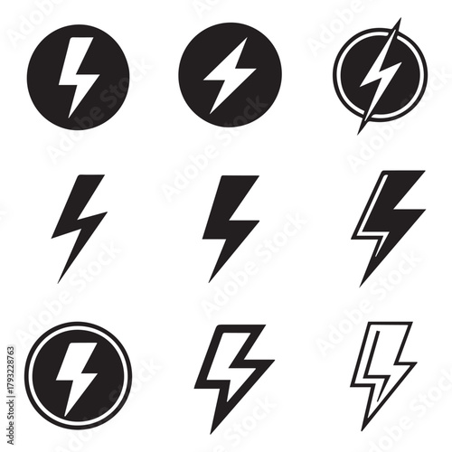 Electric bolt logo collection, black and white thunder icons, power energy lightning vector, electricity flash sign, minimal and modern design, technology and energy symbol illustration