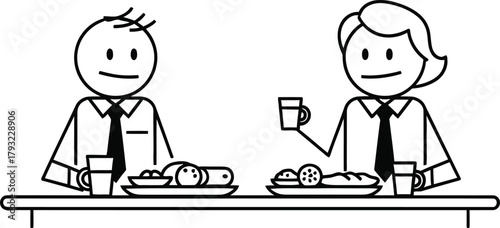 Two smiling cartoon business people sitting at a table with food and drinks enjoying a casual meal together